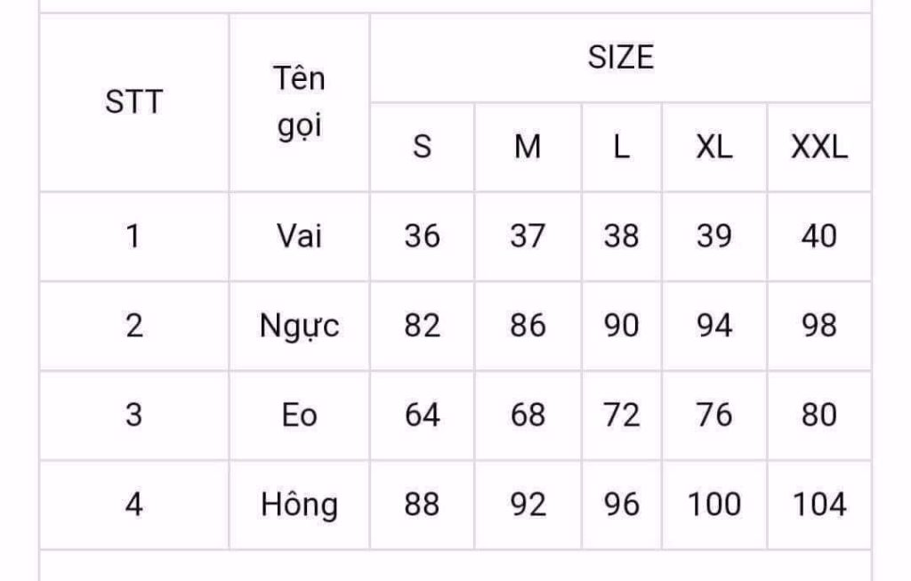 bảng size chart